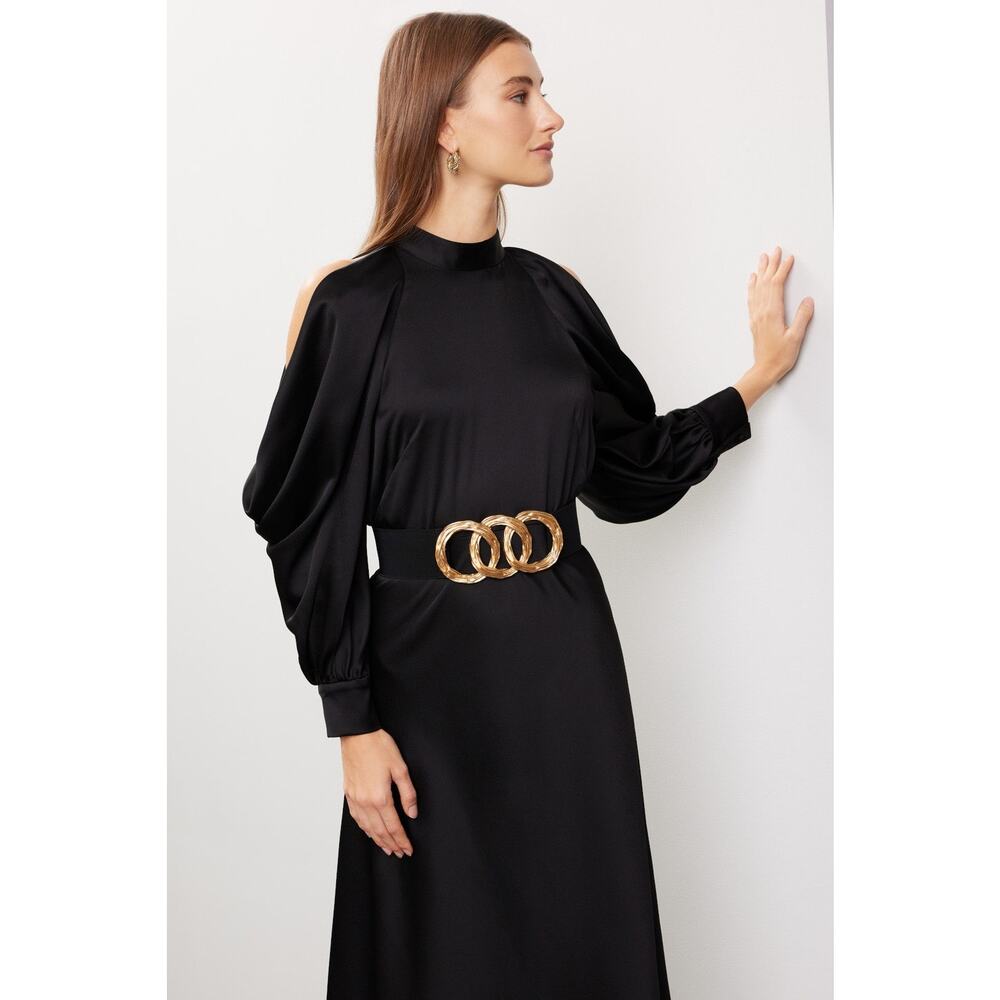 Arias New York Black Mock Neck Cold Shoulder Long Sleeve Cocktail Midi Dress 2 - Picture 5 of 16